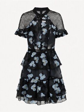 Self-Portrait Black Mini Dress with Blue Floral Embroidery